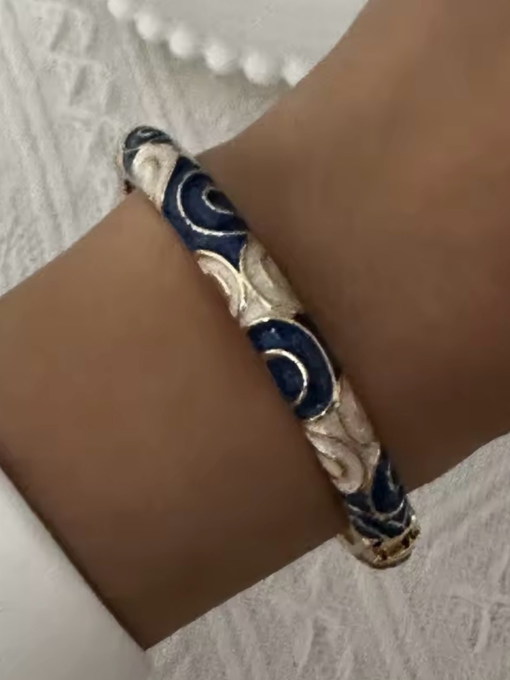 Classic Navy and Silver Decorative Enamel Bangle Bracelet